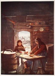 Flad-Brod maken: een interieur van een cottage, 1905